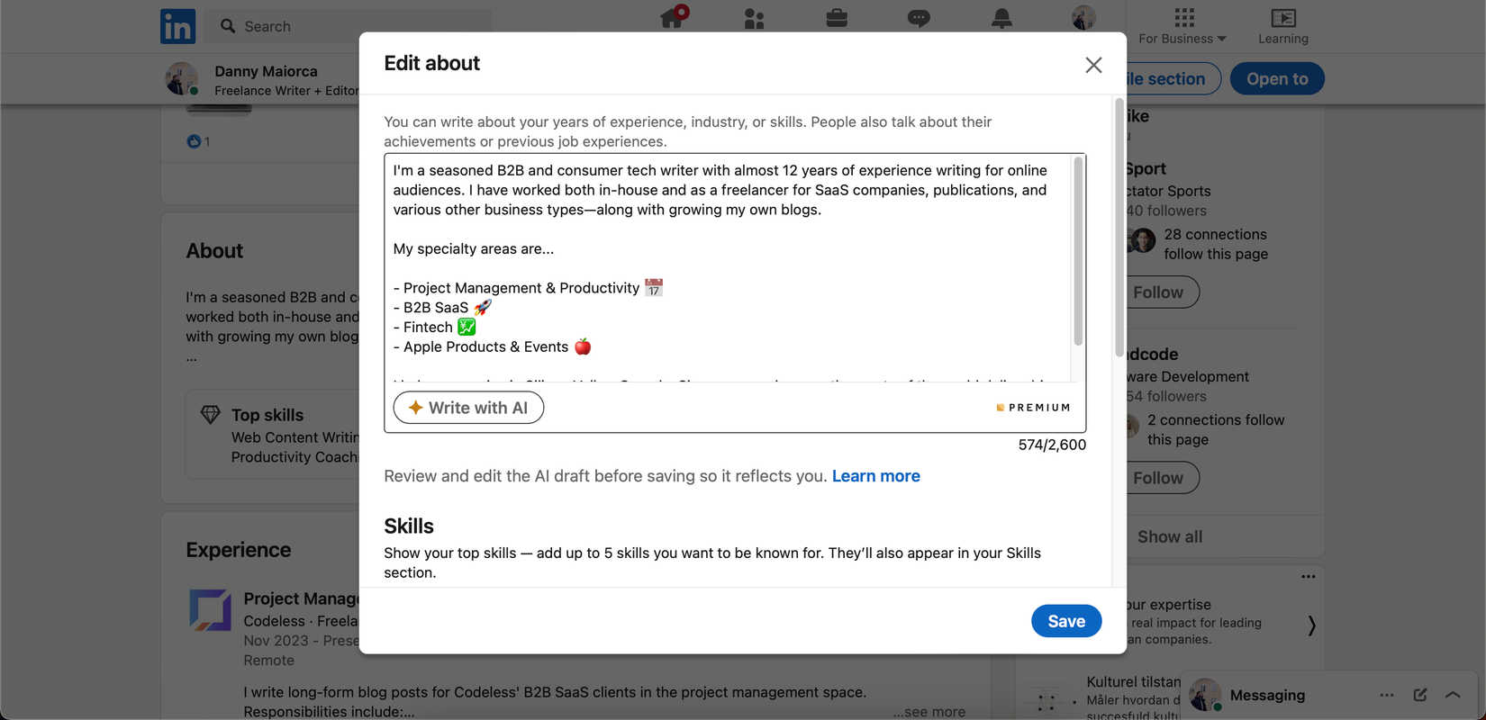 Кнопка Write with AI в интерфейсе LinkedIn