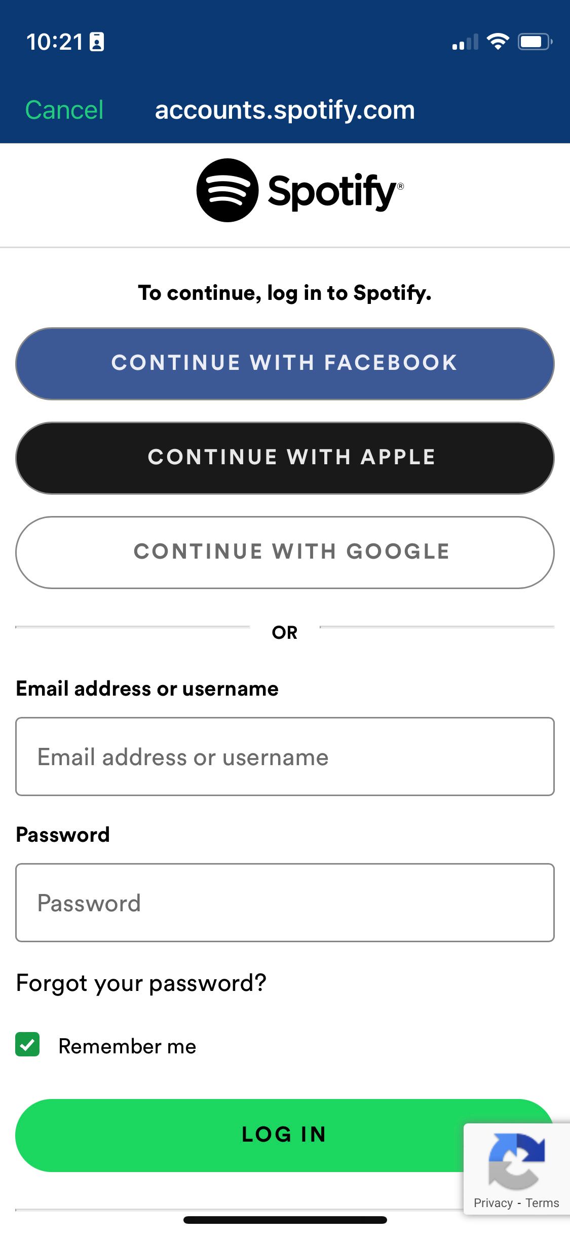 Экран входа Spotify в SongShift