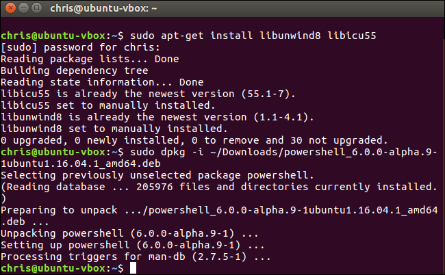 Установка PowerShell в терминале Ubuntu