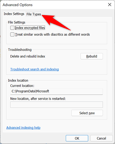 Вкладка «Типы файлов» с перечнем расширений, которые индексируются.