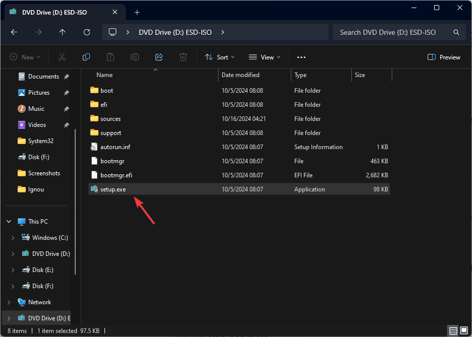 Запуск setup.exe с установочного носителя