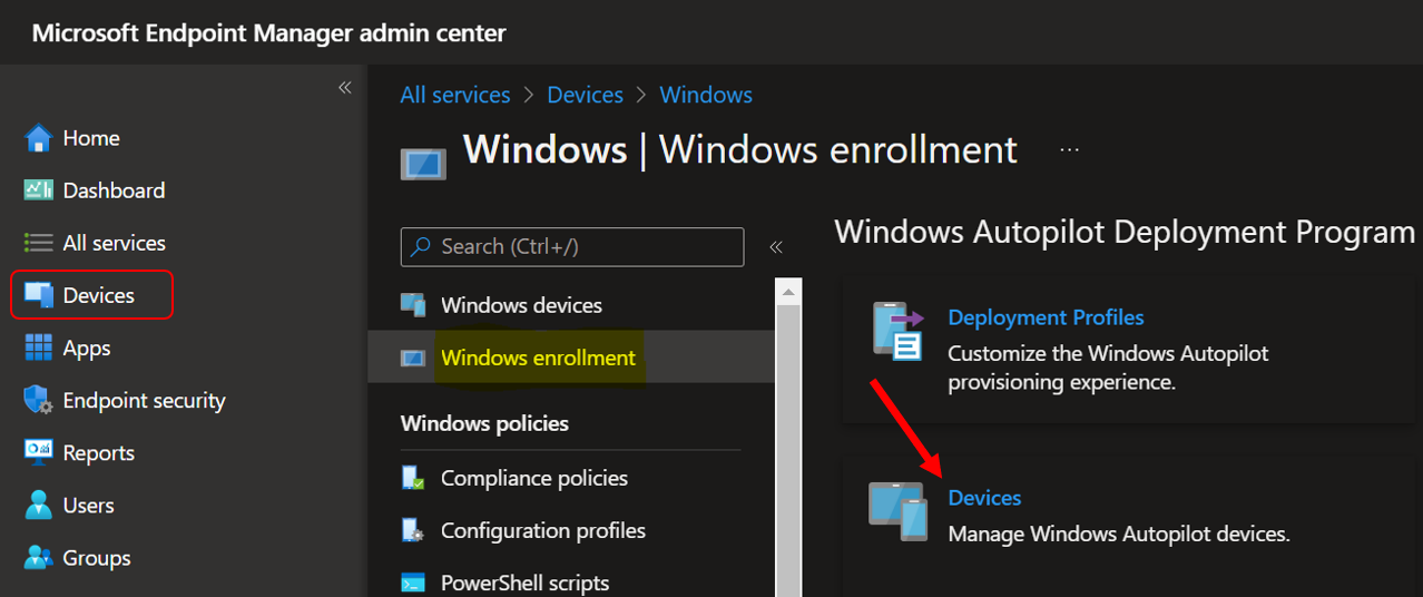 Windows Enrollment — список устройств в Intune