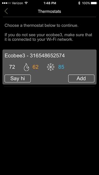 Кнопка «Add» для добавления термостата в HomeKit; опция «Say hi» для идентификации устройства.