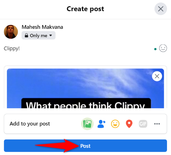 Кнопка «Опубликовать» на сайте Facebook после выбора файла.