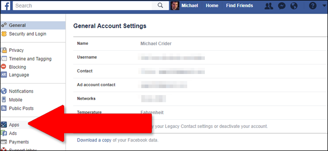 Настройки аккаунта Facebook — пункт 'Приложения' в боковой колонке