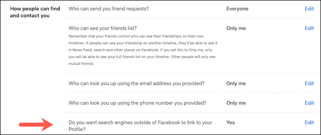 Параметр для удаления профиля Facebook из поисковых систем