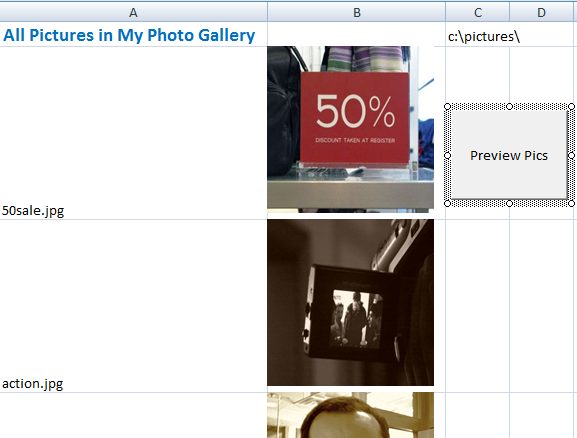Превью изображений, добавленных на лист Excel