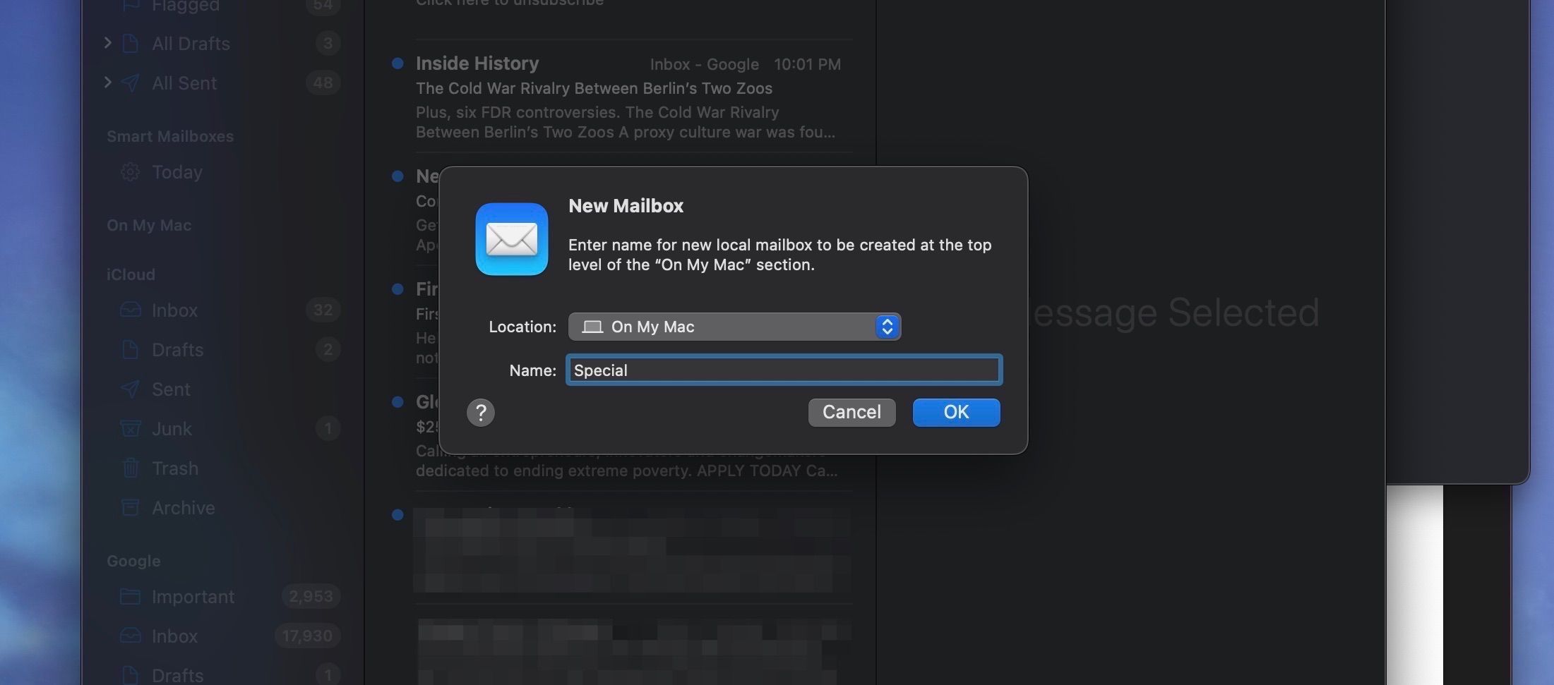 Окно создания почтового ящика в macOS Mail