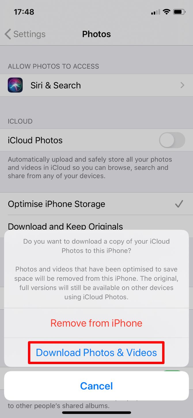Подтвердить «Download Photos & Videos» при отключении iCloud Photos