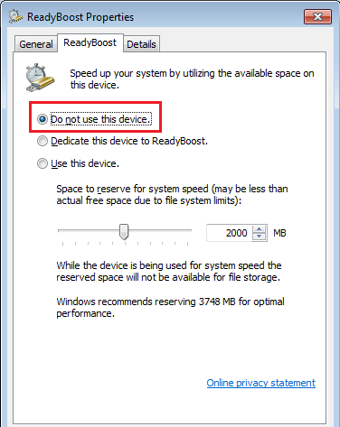 Выключение ReadyBoost — Не использовать это устройство