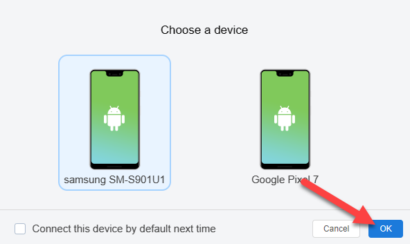 Выбор устройства и кнопка OK на веб-интерфейсе