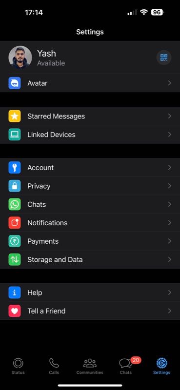 Страница «Настройки» в WhatsApp на iPhone