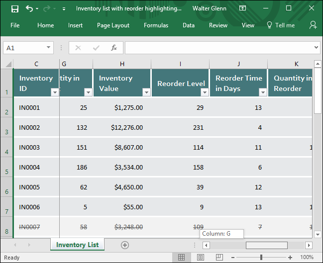 Пример листа с закреплённым первым столбцом