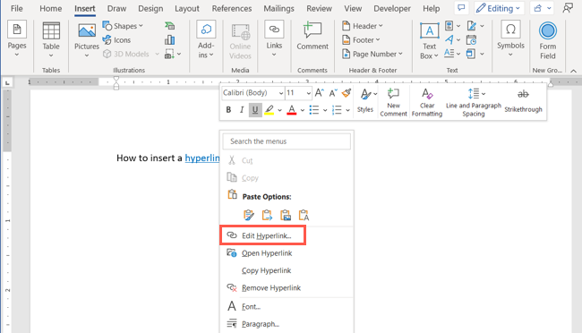 Команда «Изменить гиперссылку» в меню