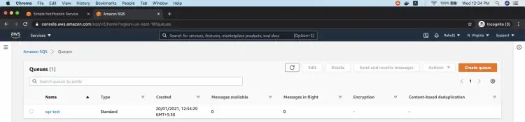 Список очередей SQS, выделена sqs-test