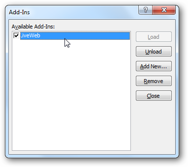 LiveWeb в списке надстроек PowerPoint