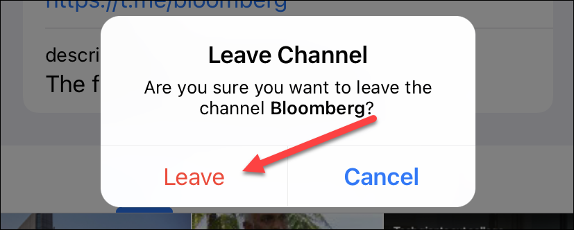 Подтверждение выхода из канала на iPhone