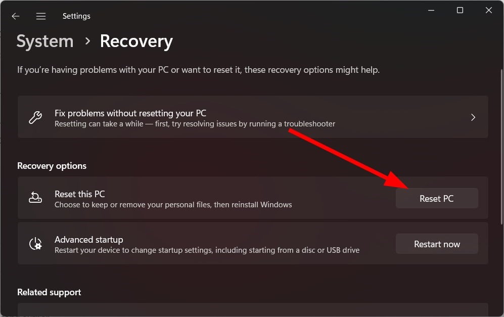 Опция Reset PC в Recovery