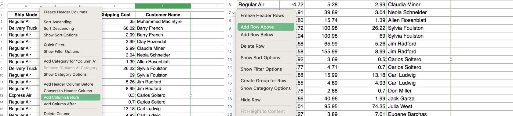 Выпадающее меню для добавления и удаления строк и столбцов в таблице на Mac