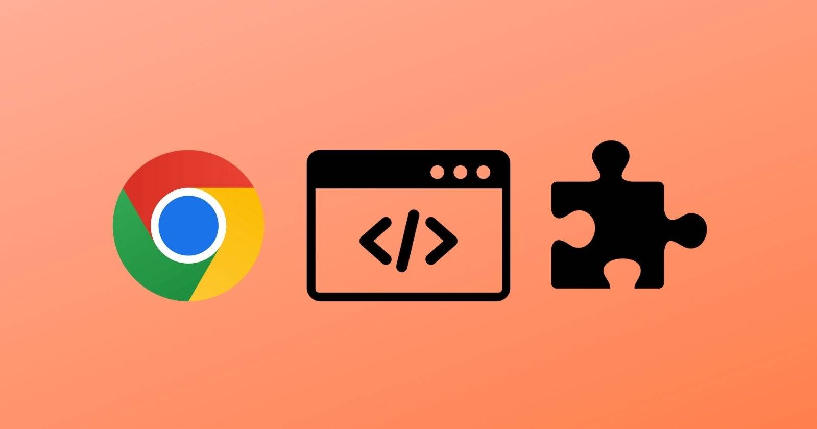 Логотип Google Chrome, иконки программирования и пазла на оранжевом градиентном фоне