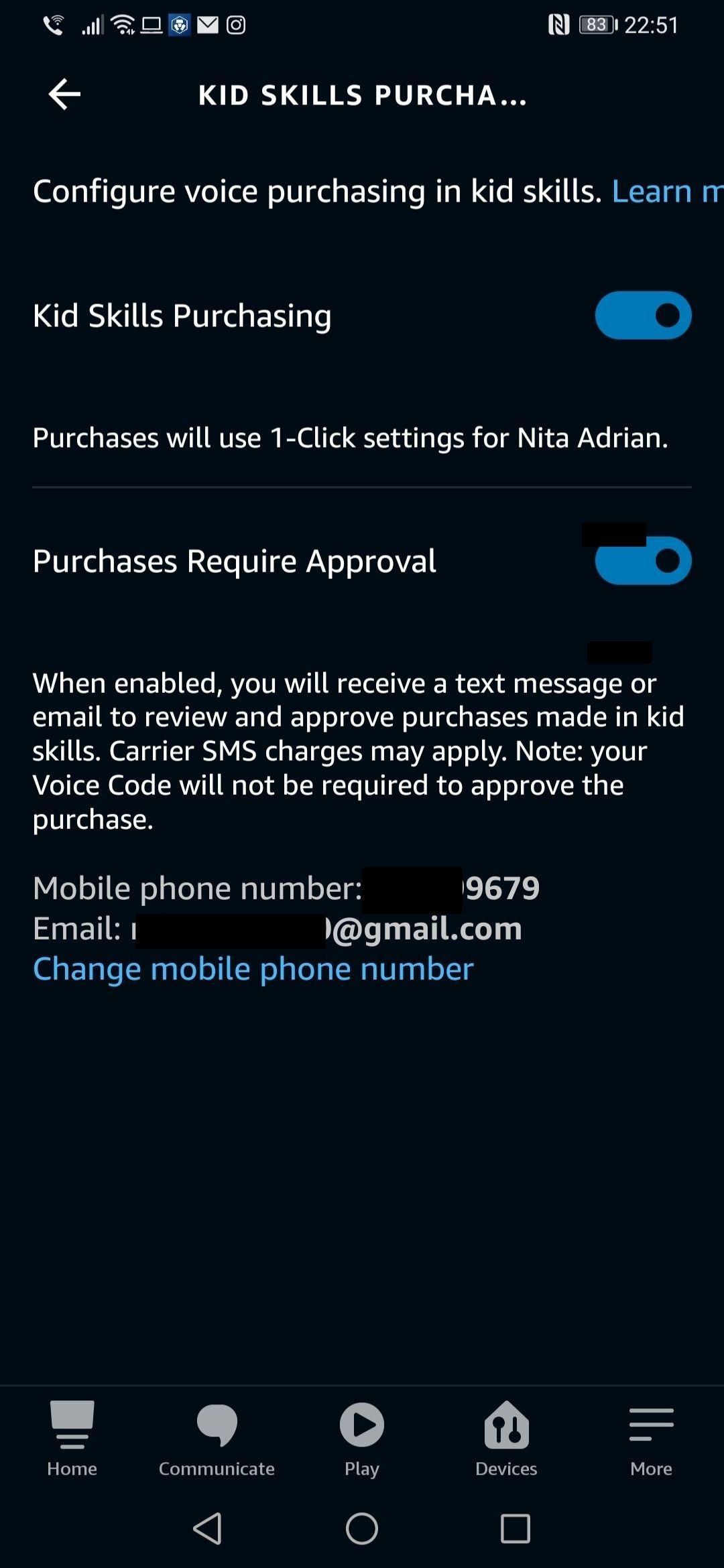 Настройки покупок для детских навыков в приложении Alexa