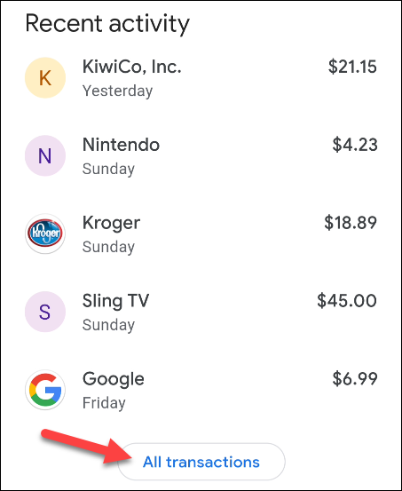 История транзакций в Google Pay