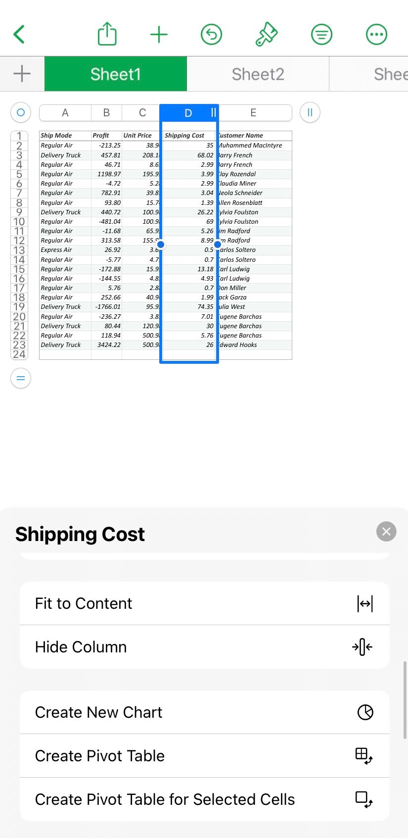 Кнопка скрытия столбца в Numbers на iPad
