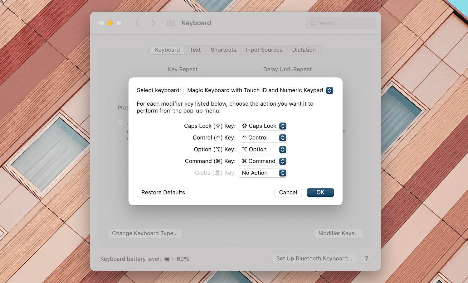 Окно выбора модификаторов клавиш в macOS.