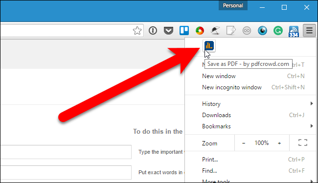 Иконка расширения в верхней части меню Chrome