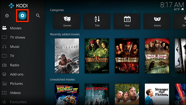 Значок настроек в Kodi для доступа к профилям