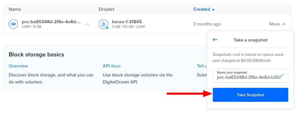 Скриншот создания снапшота тома