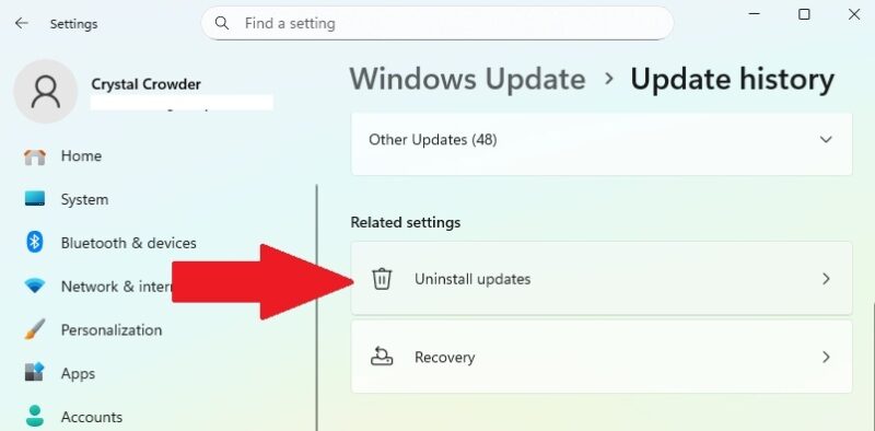 Удаление обновлений в Windows Update.