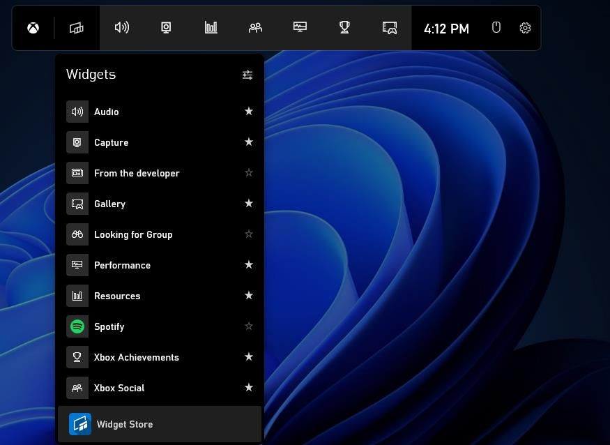Меню виджетов Game Bar с иконками