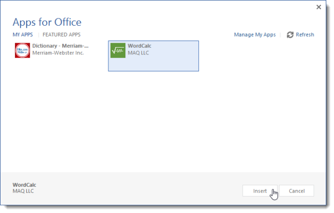 Выбор установленного приложения WordCalc в диалоге Приложения для Office