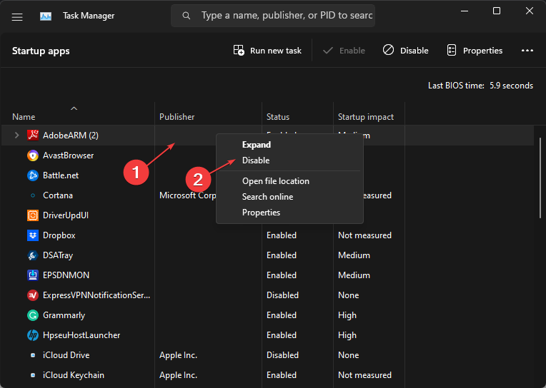 Отключение элементов автозапуска в диспетчере задач
