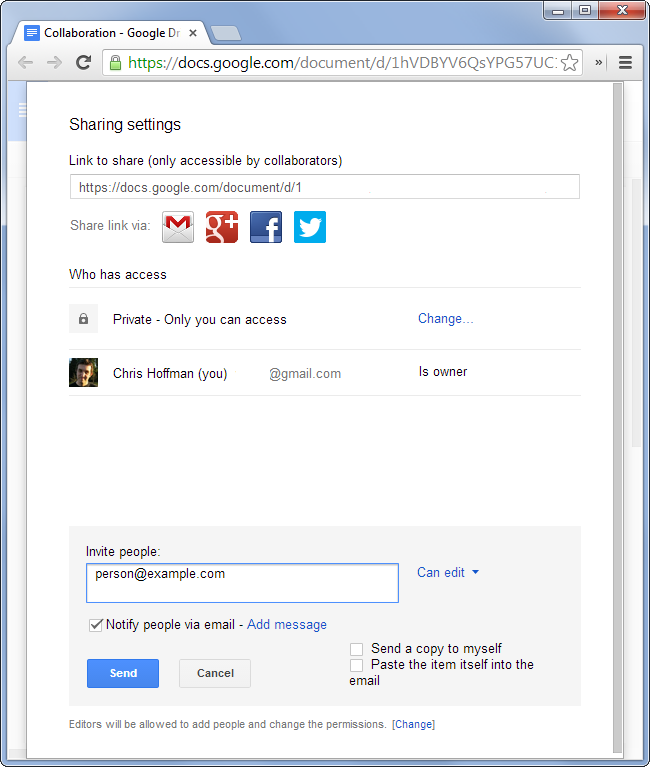 Окно приглашения в Google Документы — ввод адресов электронной почты и права доступа