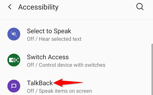 Выбор опции «TalkBack» в настройках Специальных возможностей.
