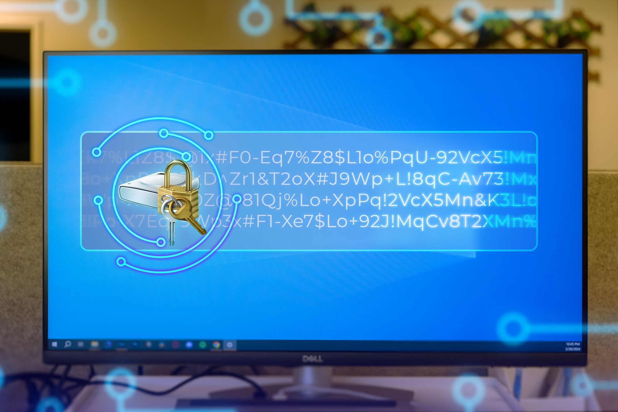Экран компьютера с Windows 11 и иконкой BitLocker в центре на фоне кодов