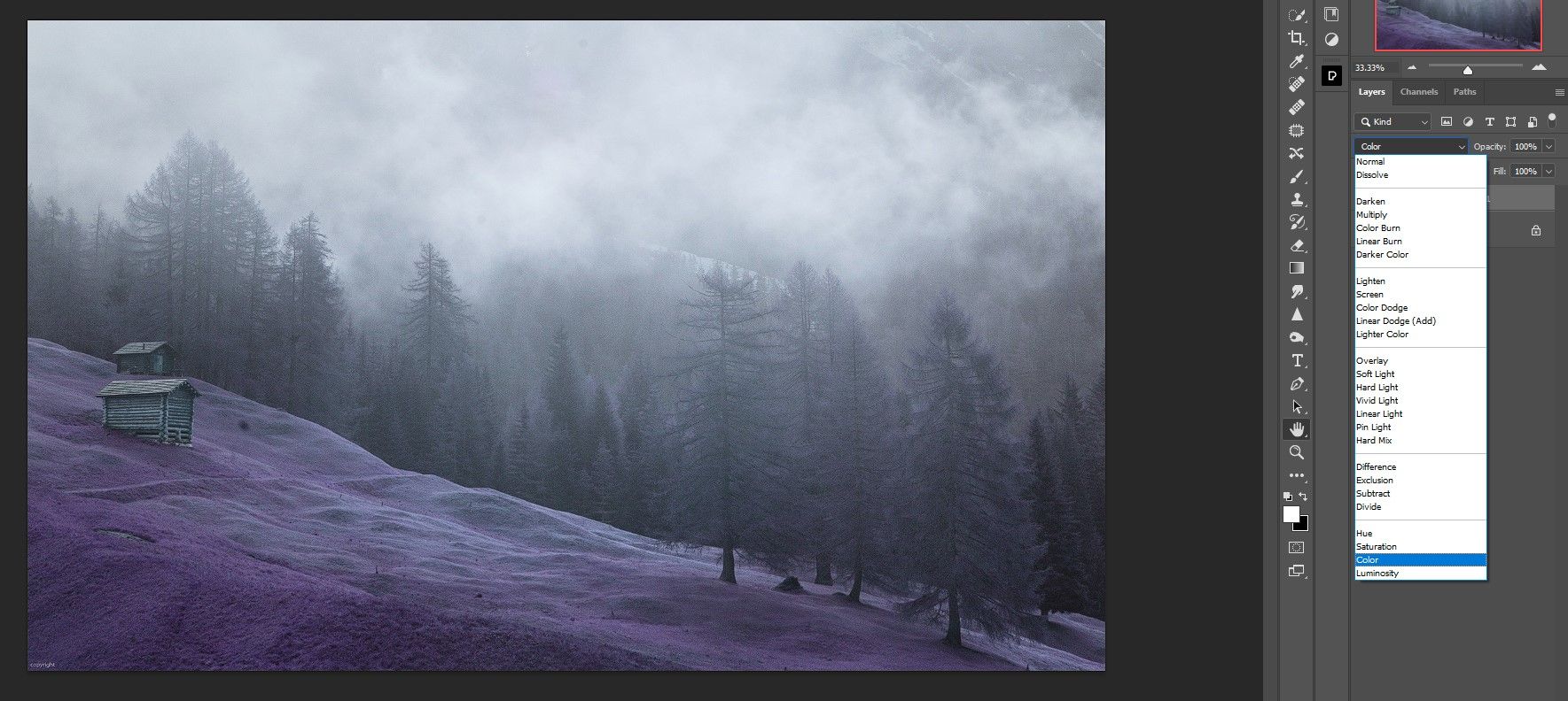 Изменение режима наложения на Color