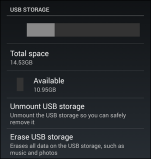 Tela de configurações de Armazenamento mostrando opção Desmontar armazenamento USB no Android