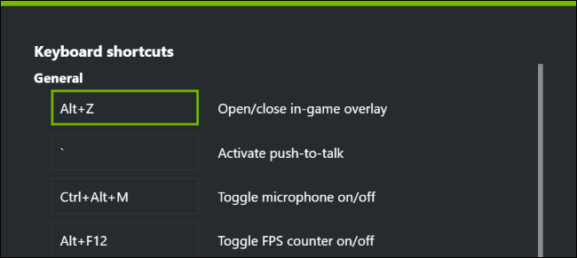 Список сочетаний клавиш в GeForce Experience