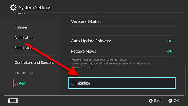 Пункт Инициализация внизу меню Система