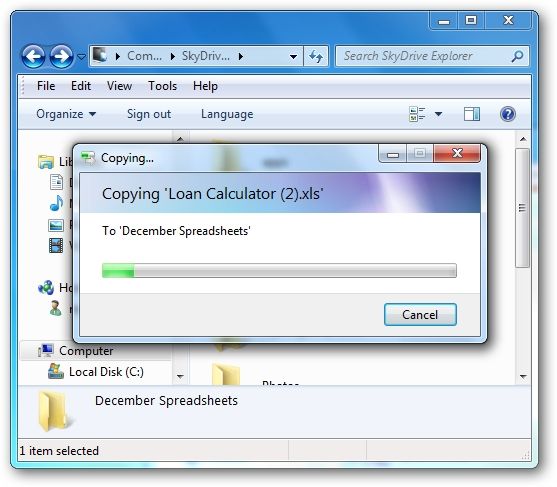 Перетаскивание файлов в SkyDrive из Проводника