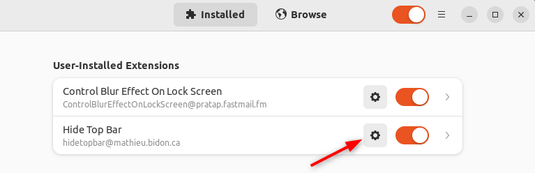 Список установленных расширений с выделенным значком настроек