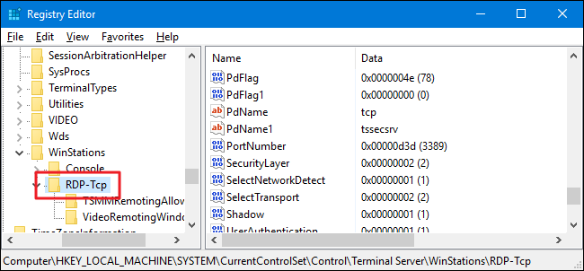 Путь в реестре к PortNumber RDP