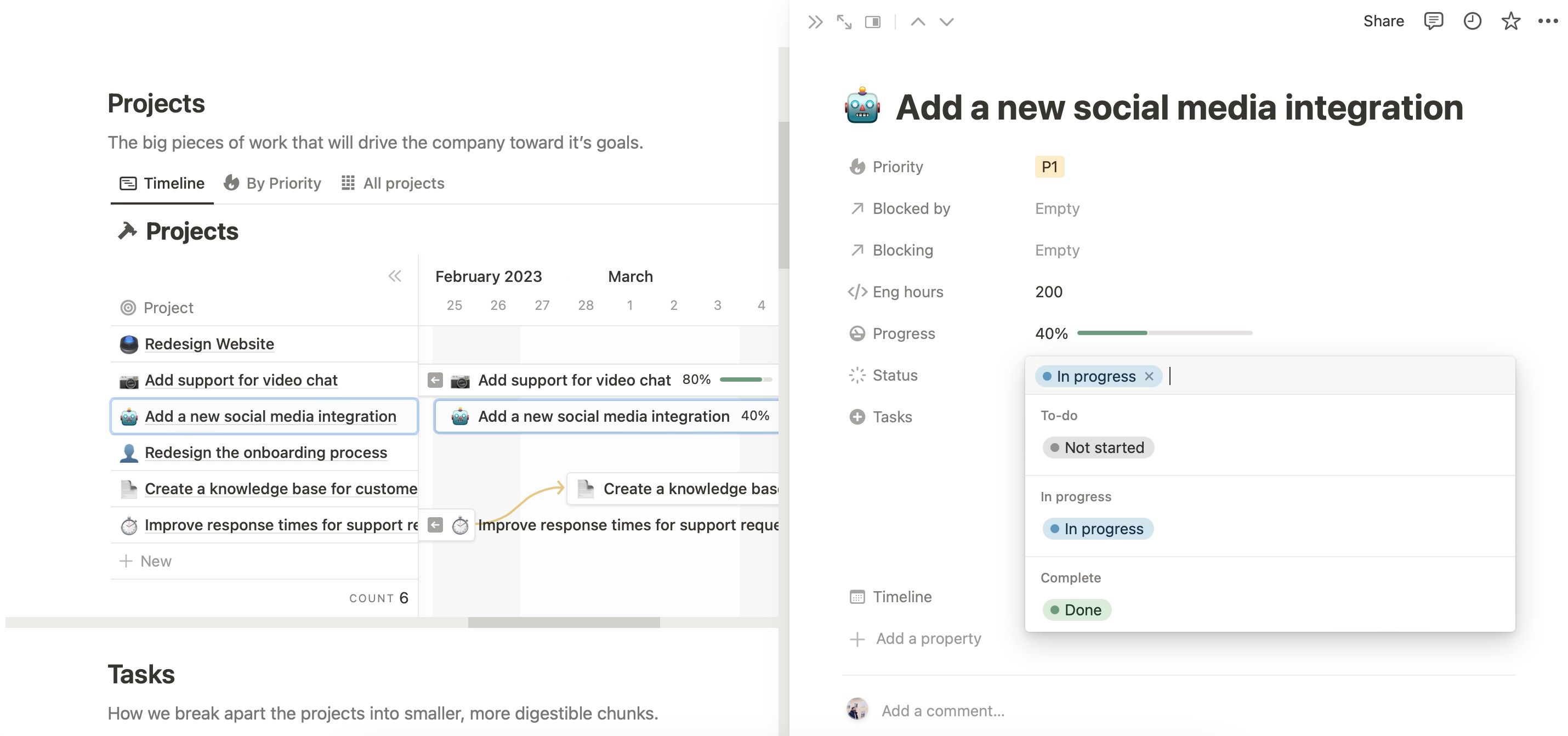 Обновление статуса задачи в диаграмме Ганта Notion