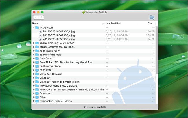 Перетаскивание файлов Switch из Android File Transfer на рабочий стол Mac