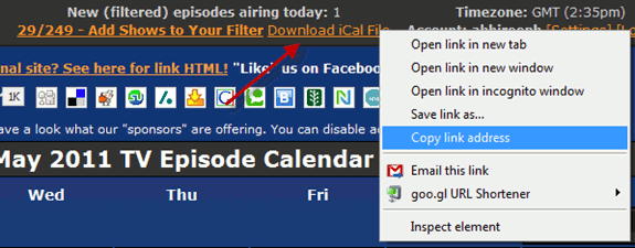 Копирование ссылки iCal из TV Episode Calendar