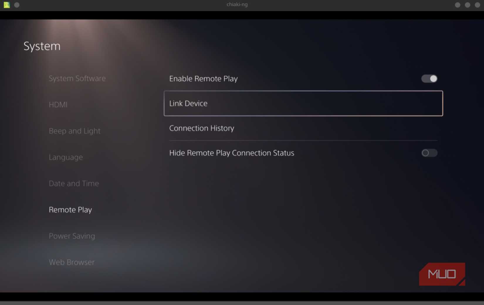 PS5 remote play screen with Link Device selected