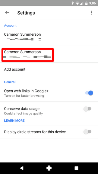 Выбор учётной записи в Google+ и раздел уведомлений